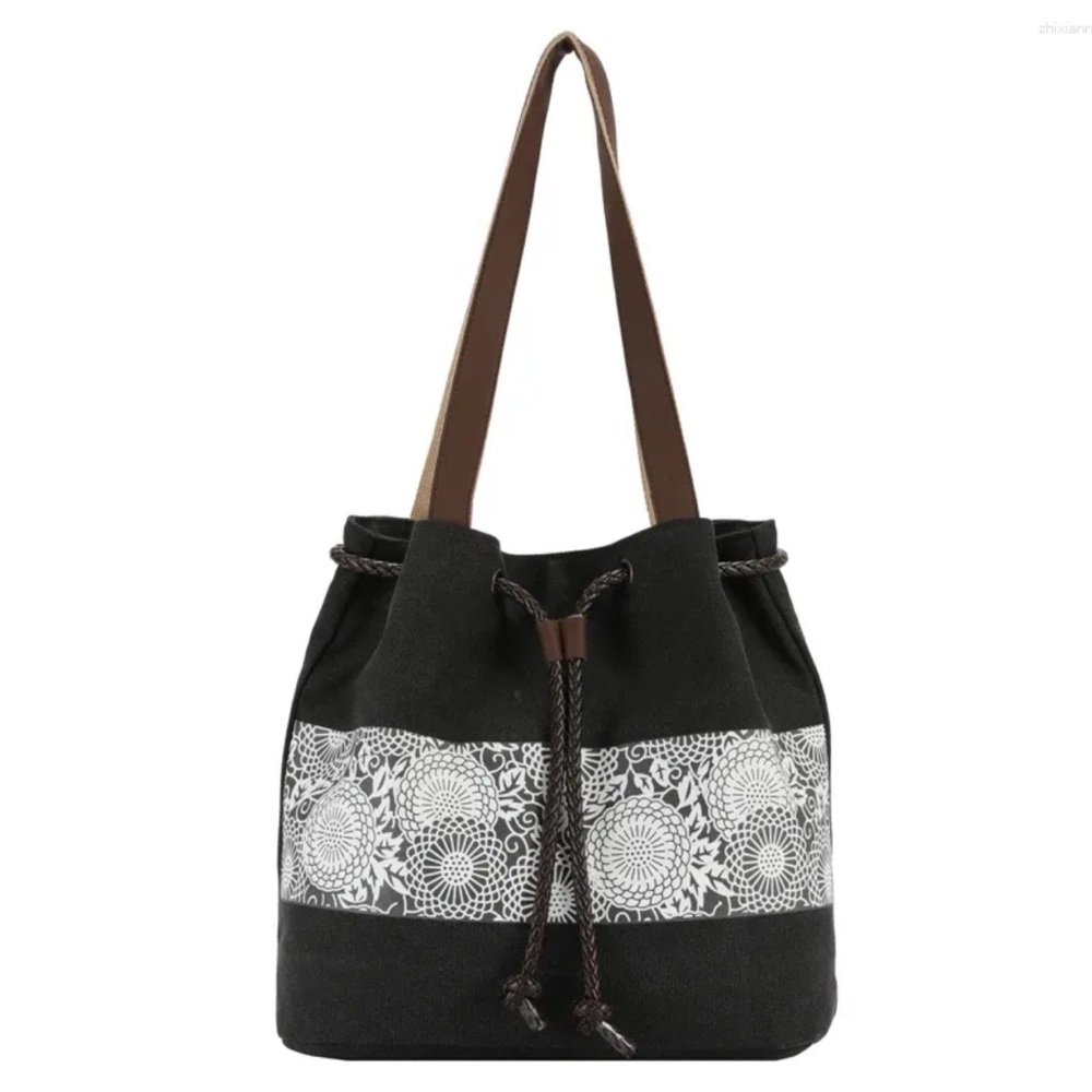 Boho Retro Black Canvas Tote with Floral Embroidery and Brown Leather Straps